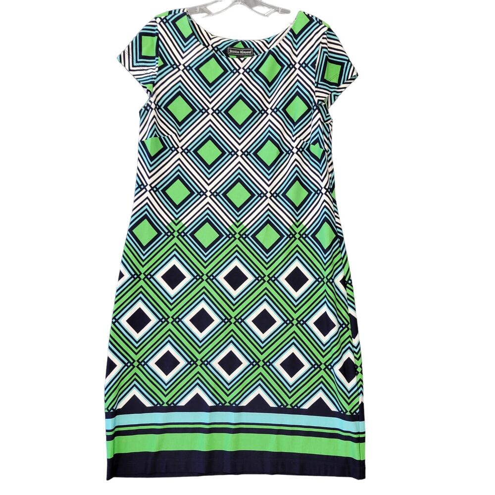Jessica Howard Green Blue Dress Stretch Midi Bold Boho Cap Sleeves Womens Size M